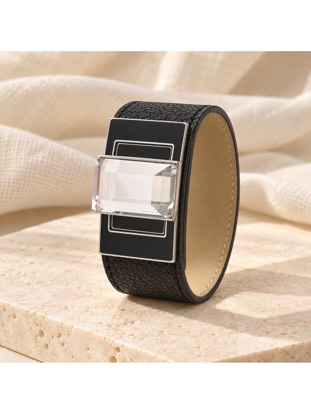 Swarovski Black Cuff Bracelet Large Clear Rectangular Crystal 9” x 1”